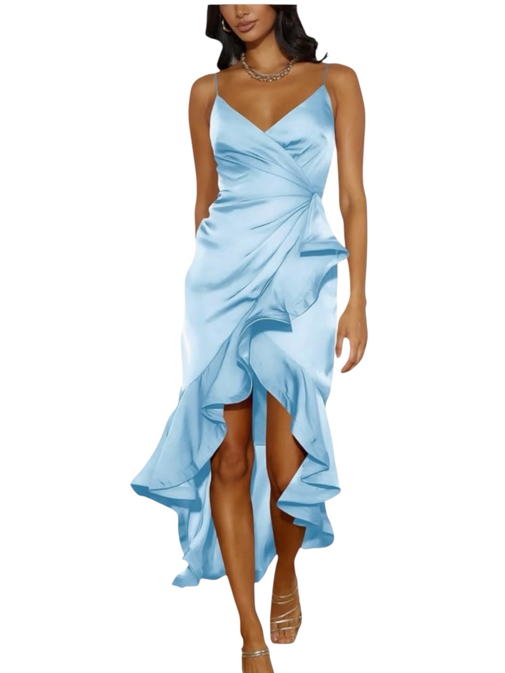 Light Blue Satin Ruffle High-Low Dress